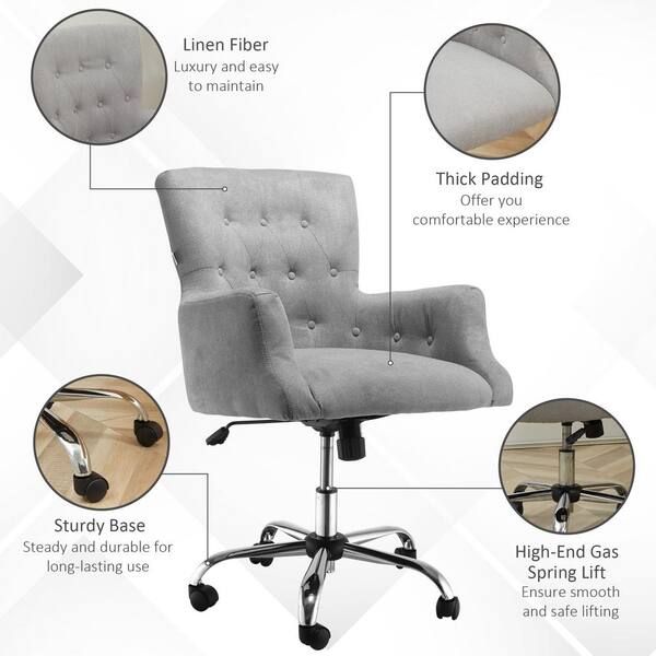 HOMCOM Gray, Mid Back Modern Home Office Chair with Tufted Button Design  and Padded Armrests, Swivel Computer Desk Chair 839-078LG - The Home Depot