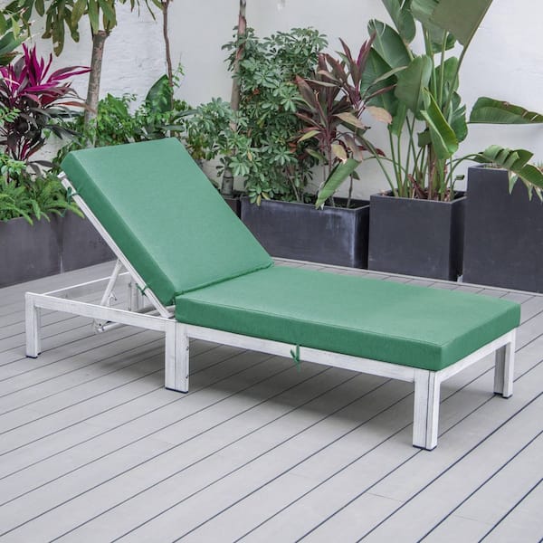Leisuremod Chelsea Modern Weathered Grey Aluminum Outdoor Chaise Lounge Chair with Green Cushions