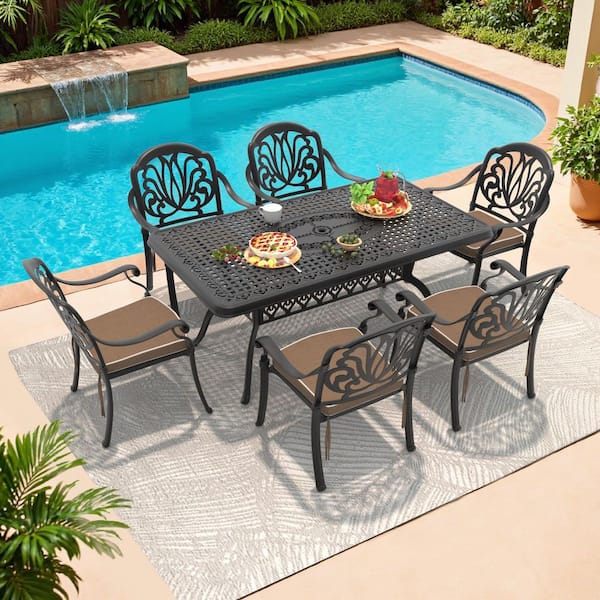 Willit Elizabeth Black 7-Piece Cast Aluminum Outdoor Dining Set with Rectangle Table and Dining Chairs and Brown Cushion