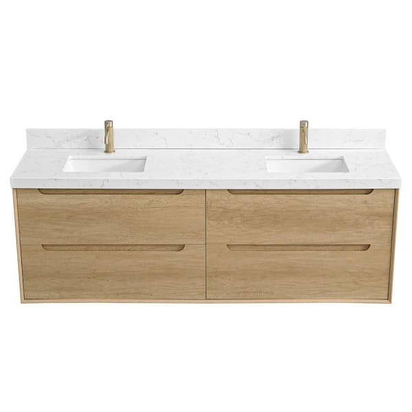 AuroraSky 72 in. Double Sink Floating Bath Vanity in Natural Oak with White Engineered Stone Top (Assembled)