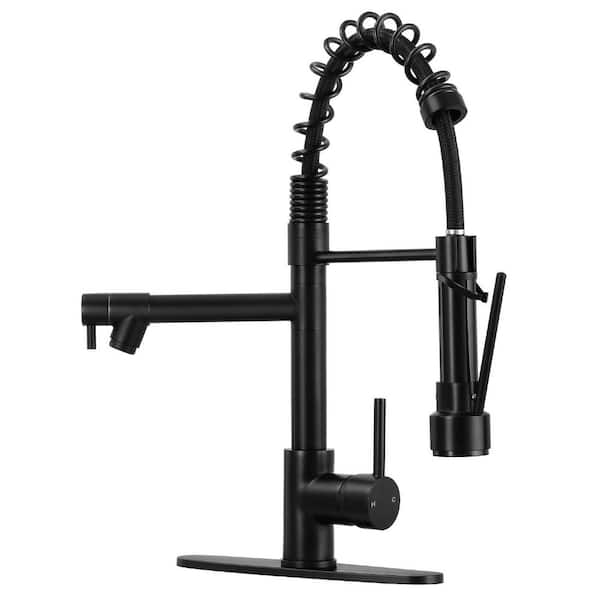 Matte Black 18 in. H Pull Down Sprayer Kitchen Faucet with 2-Spout 360° Spout Swivel Commercial Kitchen Faucets