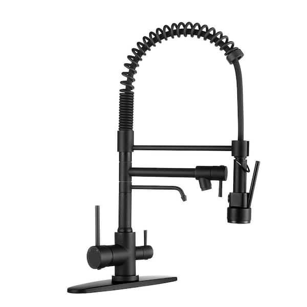 22.3 in. Double Handle Pull Down Sprayer Kitchen Faucet with Drinking Water and 360° Spout Swivel in Matte Black