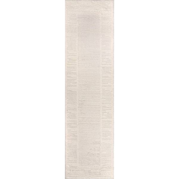 Striped Framed Border Power Loomed Soft Shag High-Low Indoor 2 ft. x 8 ft. White Area Rug