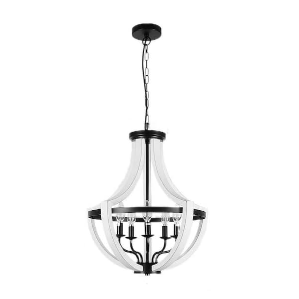 5-Light Modern White Farmhouse Cage Chandelier, Vintage Pendant Light Fixture Adjustable Hanging, No Bulbs Included