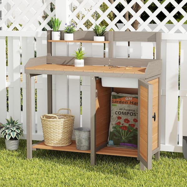 Outdoor Wood Potting Bench Table with Sink, Garden Table Work Bench with Storage, Workstation for Outside Patio Lawn