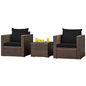3-Piece Wicker Patio Conversation Set Rattan Furniture Set with Black Cushions