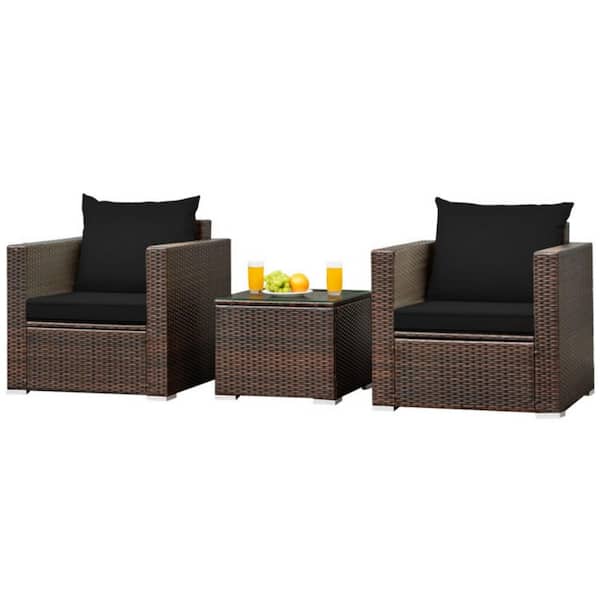 Clihome 3-Piece Wicker Patio Conversation Set Rattan Furniture Set with Black Cushions