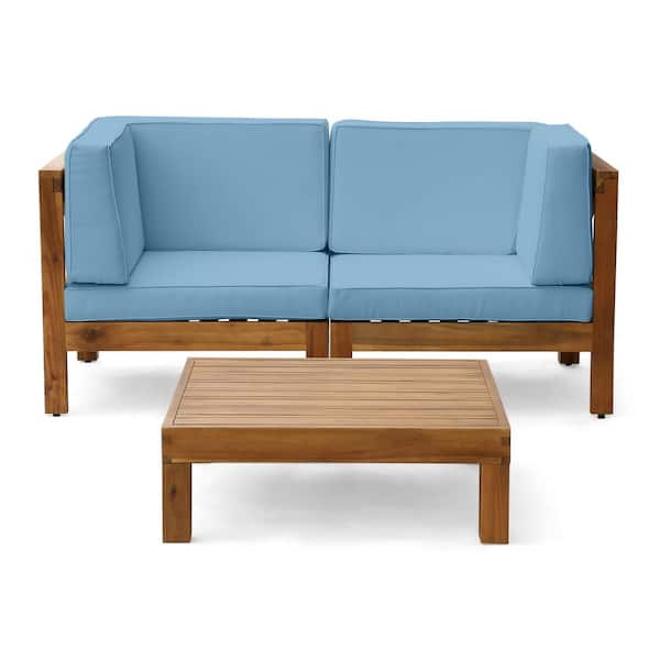 Noble House Oana Teak Brown 3-Piece Wood Patio Conversation Set with Blue Cushions