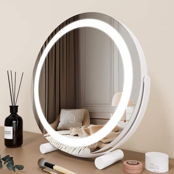 NEUTYPE 12 in. W x 12 in. H Round LED Lighted Wall Mirror Tabletop Bathroom Makeup Mirror in White