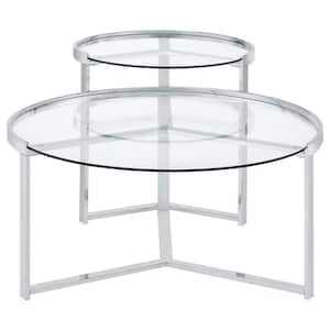 Delia 2-Piece 23.5 in. Clear and Chrome Round Glass Top Nesting Coffee Table