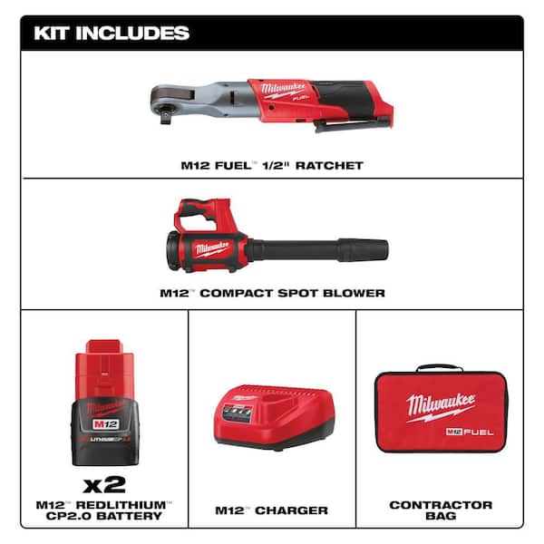 M12 FUEL 12V Lithium-Ion Brushless 1/2 in. Cordless Ratchet Kit with (2) 2. 0Ah Batteries, Charger, Bag & Spot Blower
