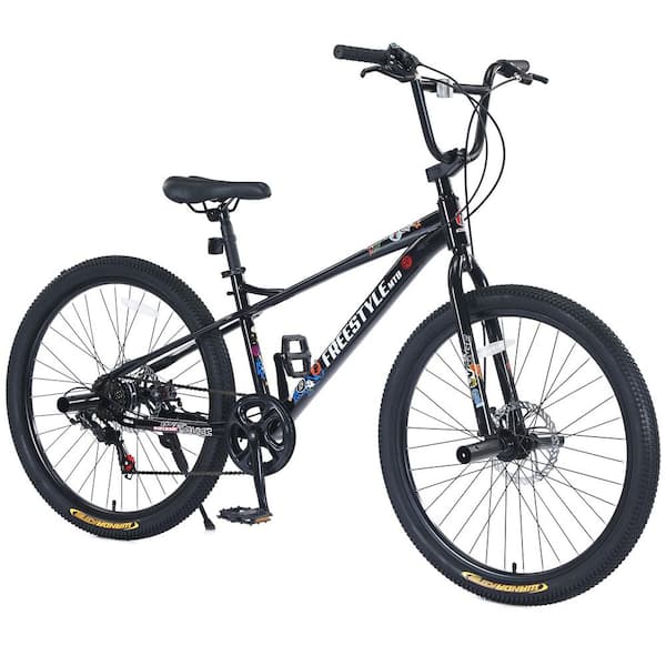Black 26 in. Freestyle Kids Bike with Double Disc Brakes for Boys Girls Age 12 Plus Years