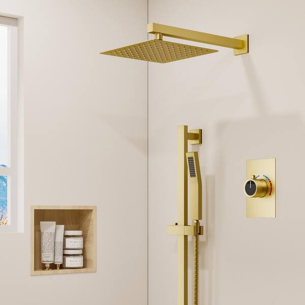 CRANACH Single Handle 2-Spray Wall Mount 10 in. Square Shower Head Shower Faucet with High Pressure in. Brushed Gold