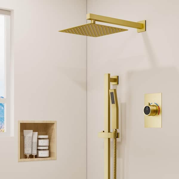 YAWWALK Single Handle 2-Spray Wall Mount 10 in. Square Shower Head Shower Faucet with High Pressure in. Brushed Gold