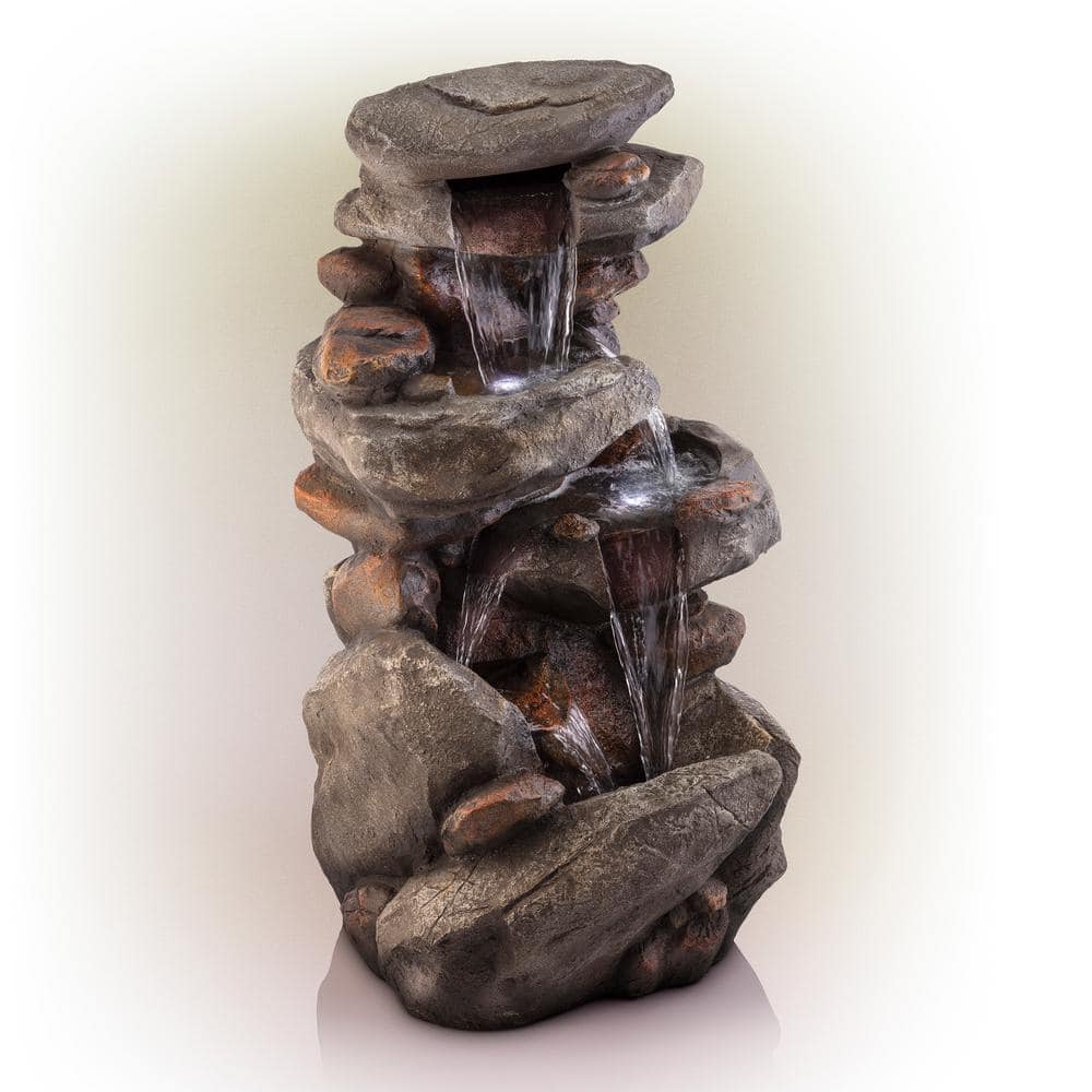 Gray Polystone Rock Waterfall Fountain with LED Light