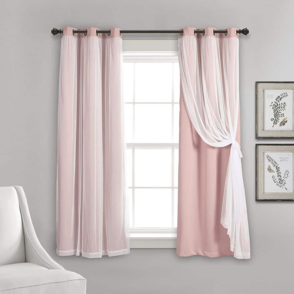 Pink Polyester Blackout Grommet Window Panels with Sheer Overlay