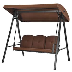 Outdoor Brown 3-Seat Porch Swing with Adjust Canopy and Cushions