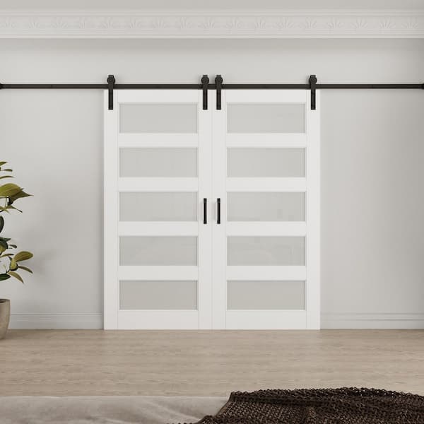 72 in. x 96 in. 5-Lite Tempered Frosted Glass White Primed MDF Composite Sliding Barn Door with Hardware Kit