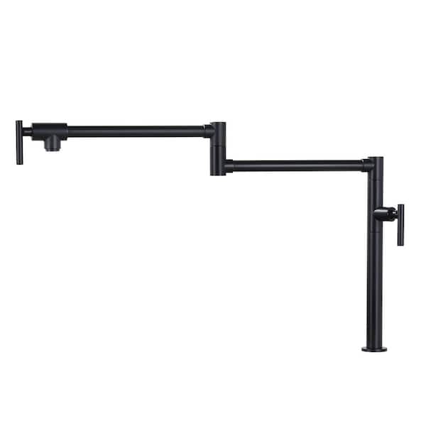 WOWOW Solid Brass Deck Mount Pot Filler Faucet, Pot Filler with Stretchable Double Joint Swing Arm in Matte Black