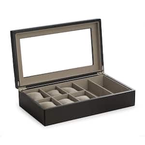 Matte Black Wood 6-Watch and 2-Sunglass Storage Box with Glass Top and Soft Velour Lining