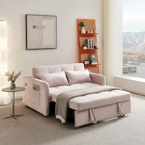 55.5 in. Pink Soft Velvet Twin Size Tufted Sofa Bed with 2 Pillows, USB Socket and Side Pockets