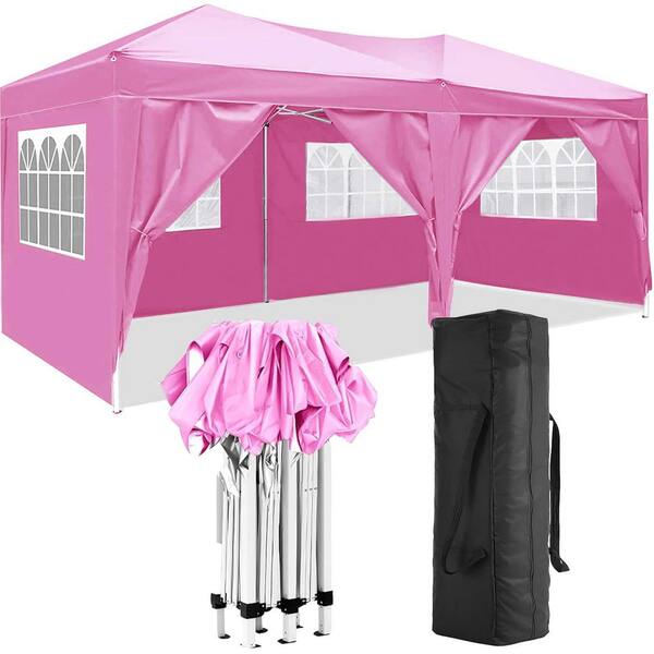Zeus & Ruta 10 ft. x 20 ft. Pink Outdoor Pop Up Folding Gazebo Canopy Tent with 6-Removable Walls and Carry Bag for Events, Camping