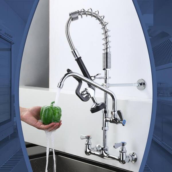 thumbnail image 2 of IVIGA 21 In. H Commercial Wall Mount Triple Handle Pull Down Sprayer Kitchen Faucet With Pre-Rinse Sprayer In Polished Chrome VSK42C-21 - The Home Depot 2 of 12