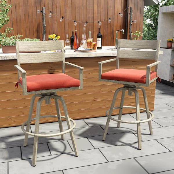 Crestlive Products Aluminum Outdoor Bar Stool Wood Patterned Frame with Sunbrella Red Cushion (2-Pack)