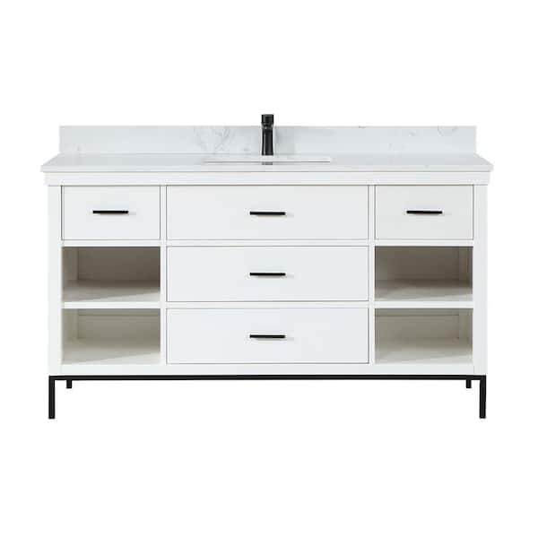 Altair Kesia 60 in. W x 22 in. D x 34 in. H Bath Vanity in White with Carrara White Composite Stone Top