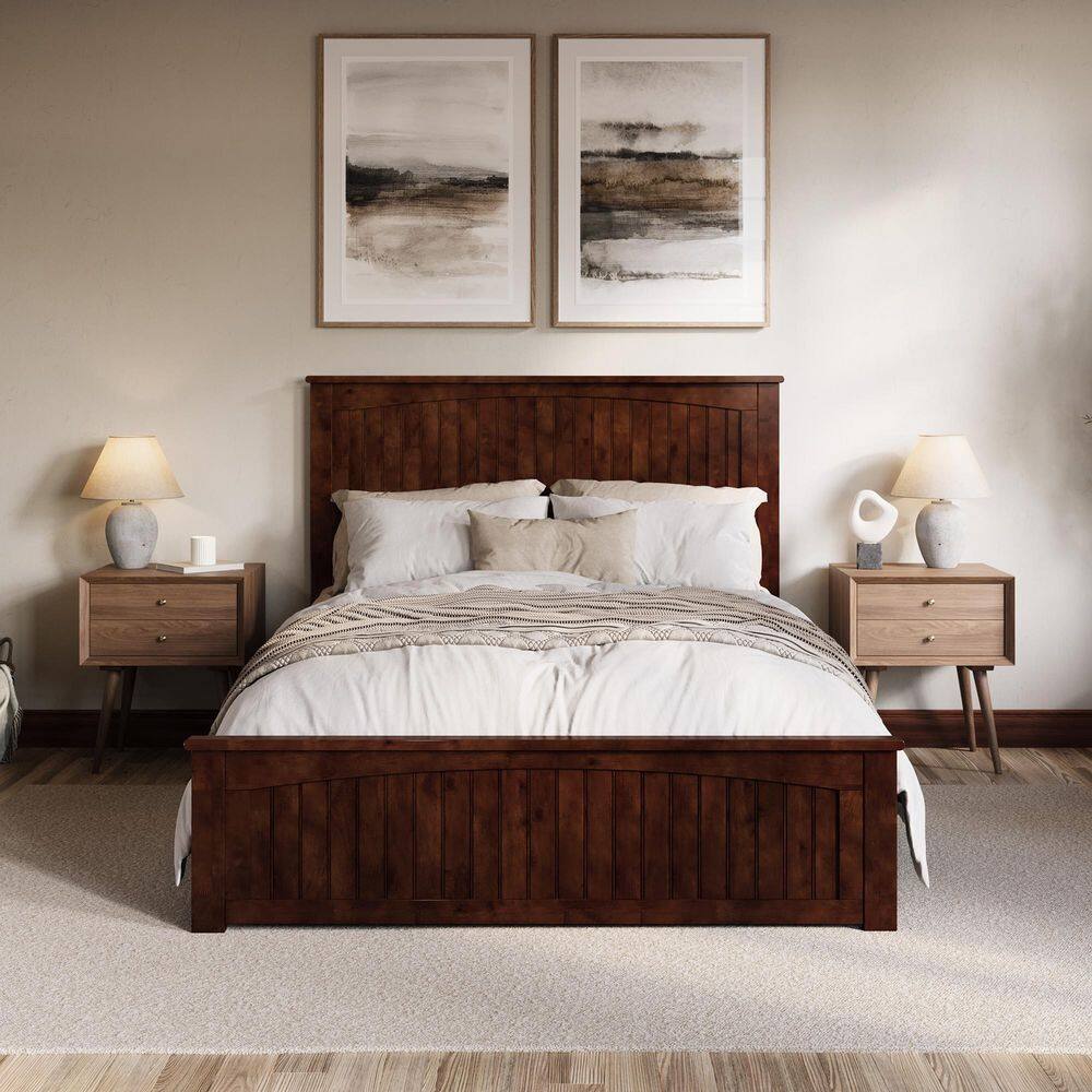 Walnut Queen Solid Wood Low Profile Platform Bed with Headboard and Footboard