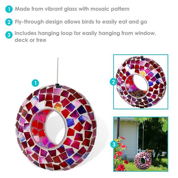 7" Sunnydaze Outdoor Hanging Bird Feeder Crimson Glass Mosaic Fly-Through 