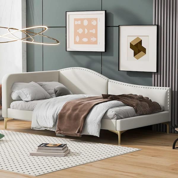 Beige Twin Size Upholstered Daybed with Headboard and Armrest
