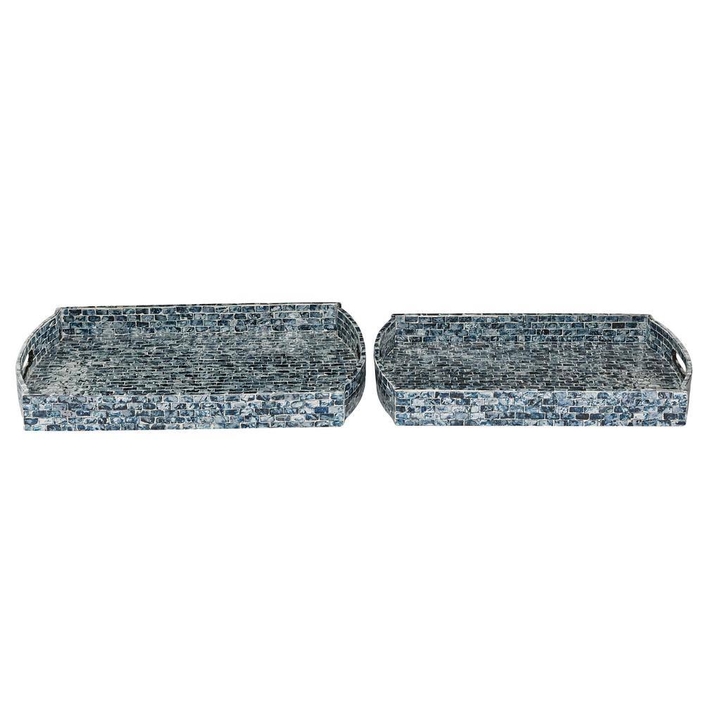 Blue Mosaic Wood Rectangular Decorative Tray Set, 2-Piece