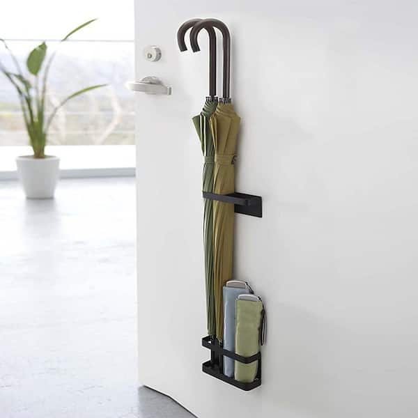Magnetic Black Carbon Steel Umbrella Stand with Space Saving Wall Mounted Adjustable Height No Punching Design