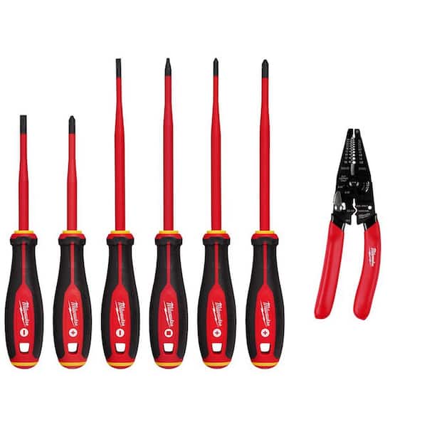 Milwaukee 1000-Volt Insulated Slim Tip Screwdriver Set 10-28 AWG Multi-Purpose Dipped Grip Wire Stripper and Cutter (7-Piece)
