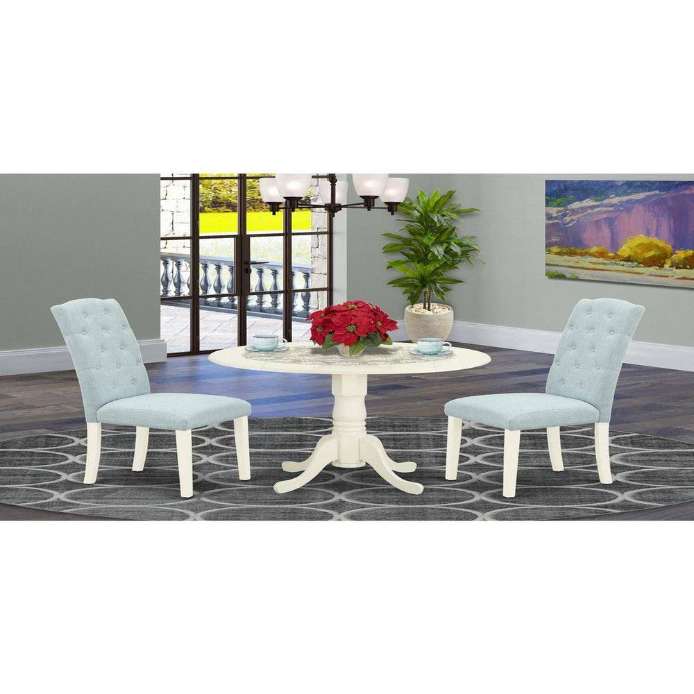 East West Furniture 3-Piece Modern Dining Set - Round Drop Leaf Table & 2 Chairs, Linen White & Gray - View #2