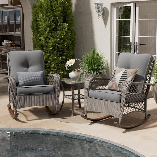 Poteban 3-Piece Wicker Outdoor Rocking Chair with Gray Cushion