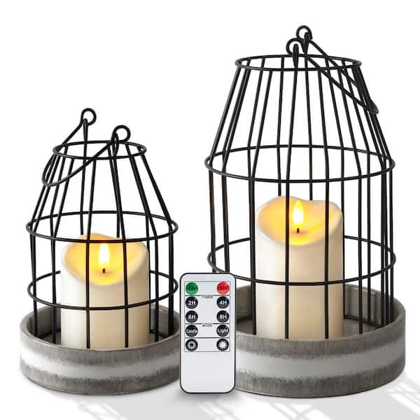 MOEPISY 10.44 in. and 7.6 in. H Black Metal Lantern Decor