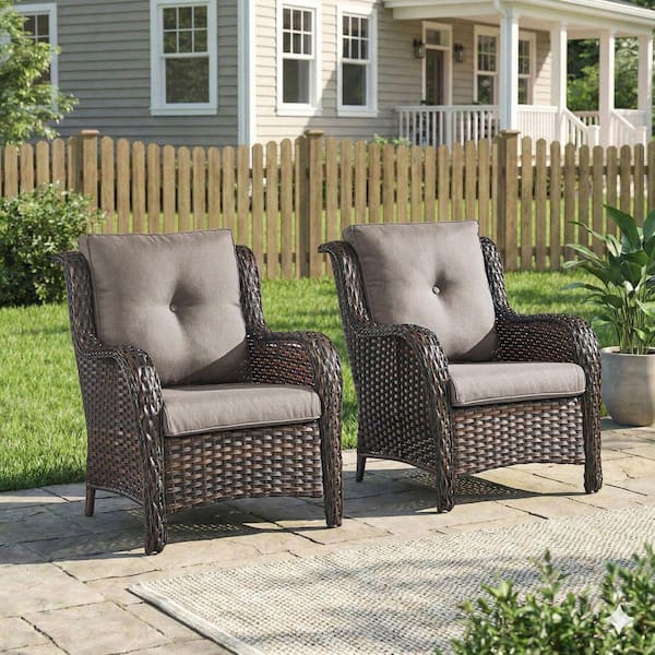 WellCane Brown Outdoor Wicker Patio Chairs Set of 2, Outdoor Lounge Chairs with Gray Cushions for Porch Balcony Backyard