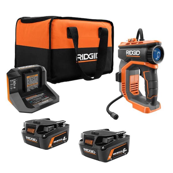 18V Cordless Portable Inflator with 18V 6.0 Ah and 4.0 Ah MAX Output Batteries and Charger Kit with Bag RIDGID