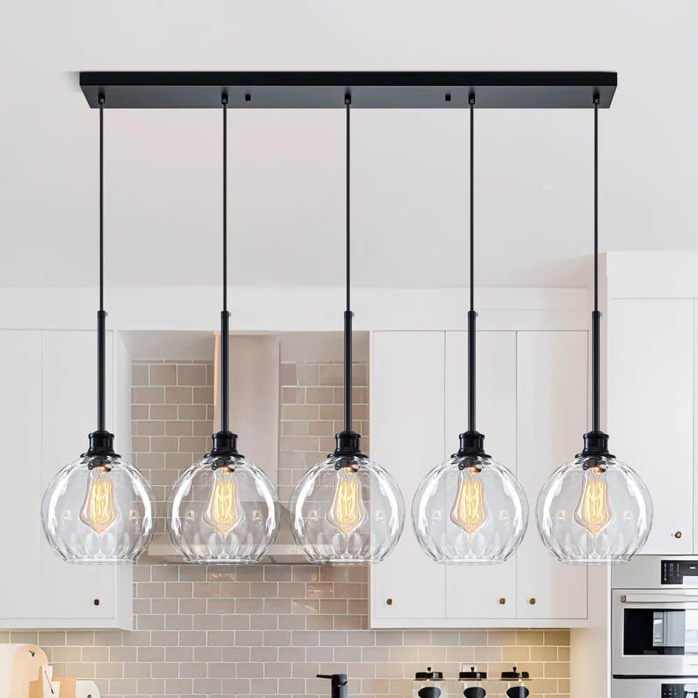 44 in. 5-Light Modern Black Linear Pendant Light with Water Ripple Glass Shades for Kitchen Island or Dining Room price history on PriceWatchPro