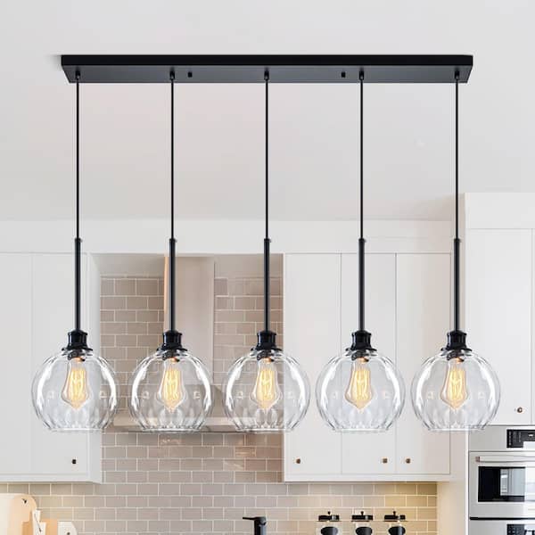 44 in. 5-Light Modern Black Linear Pendant Light with Water Ripple Glass Shades for Kitchen Island or Dining Room