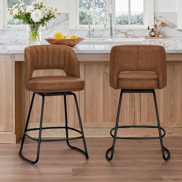 26 in. Brown Faux Leather Swivel Bar stool Metal Frame Upholstered Counter Height Barstools with High Back Set of 2