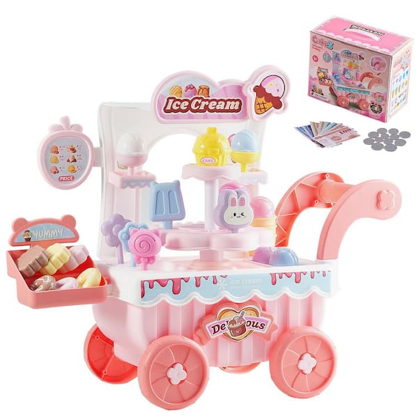 Ice Cream Cart for Kids, 27 PCS Accessories Pretend Play Store Storage Trolley with Pretend Money, Sound & Light Effects