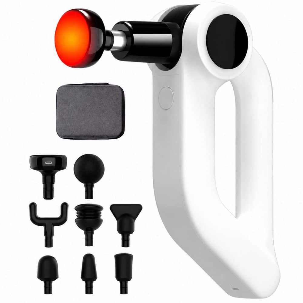 Deep Tissue Percussion Massage Gun with Heat, 12mm Amplitude, 5 Speeds and 8 Attachments, White