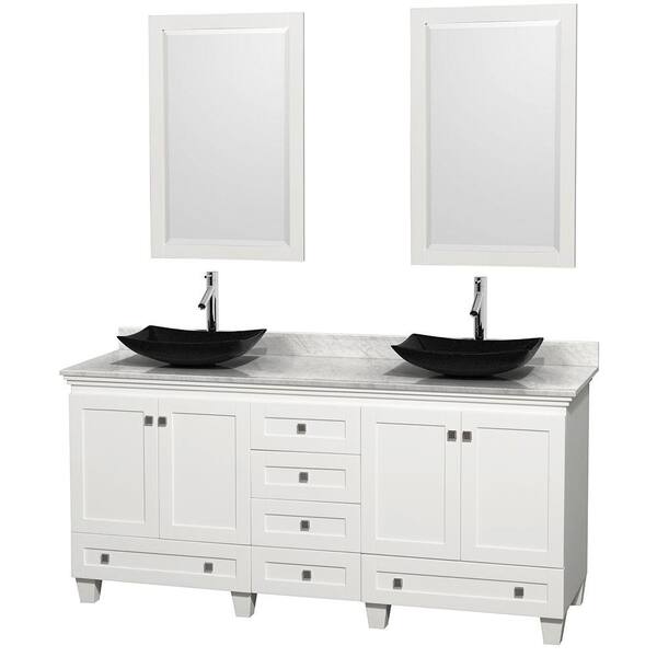 Wyndham Collection Acclaim 72 in. W Double Vanity in White with Marble Vanity Top in Carrara White, Black Sinks and 2 Mirrors