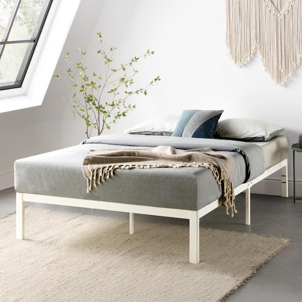best price mattress Rocky Base E 14 in. White Queen Metal Platform Bed, Patented Wide Steel Slats