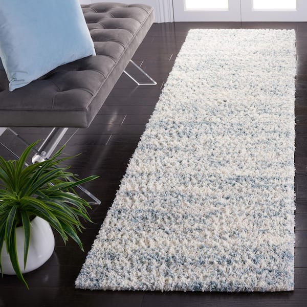 Berber Shag 2 ft. x 14 ft. Ivory/Light Aqua 2-Toned Solid Runner Rug