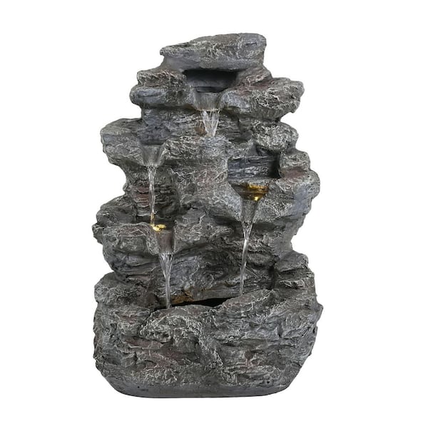 24 in. H 5-Tiered Concrete Tall Slim Fountain Waterfall with LED-Lit Column Weather-Resistant & Space-Saving, Gray