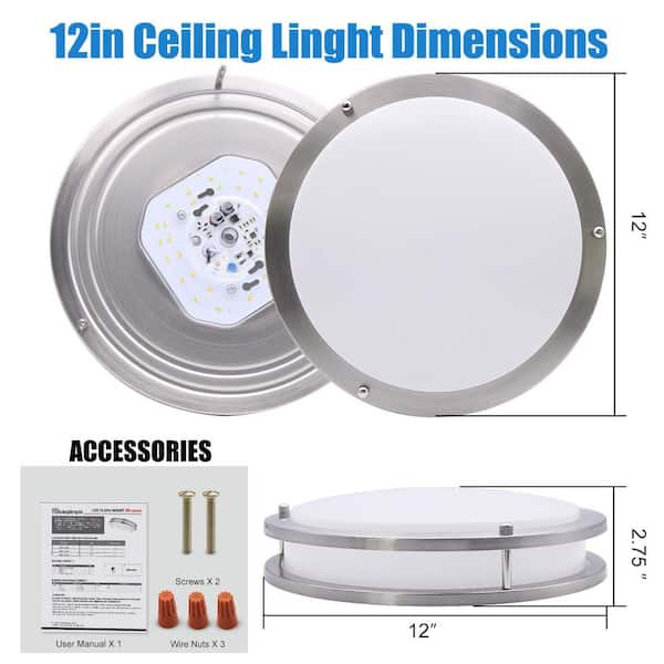 12 in. Brushed Nickel Dimmable LED Flush Mount Light Fixture 4000K Neutral White